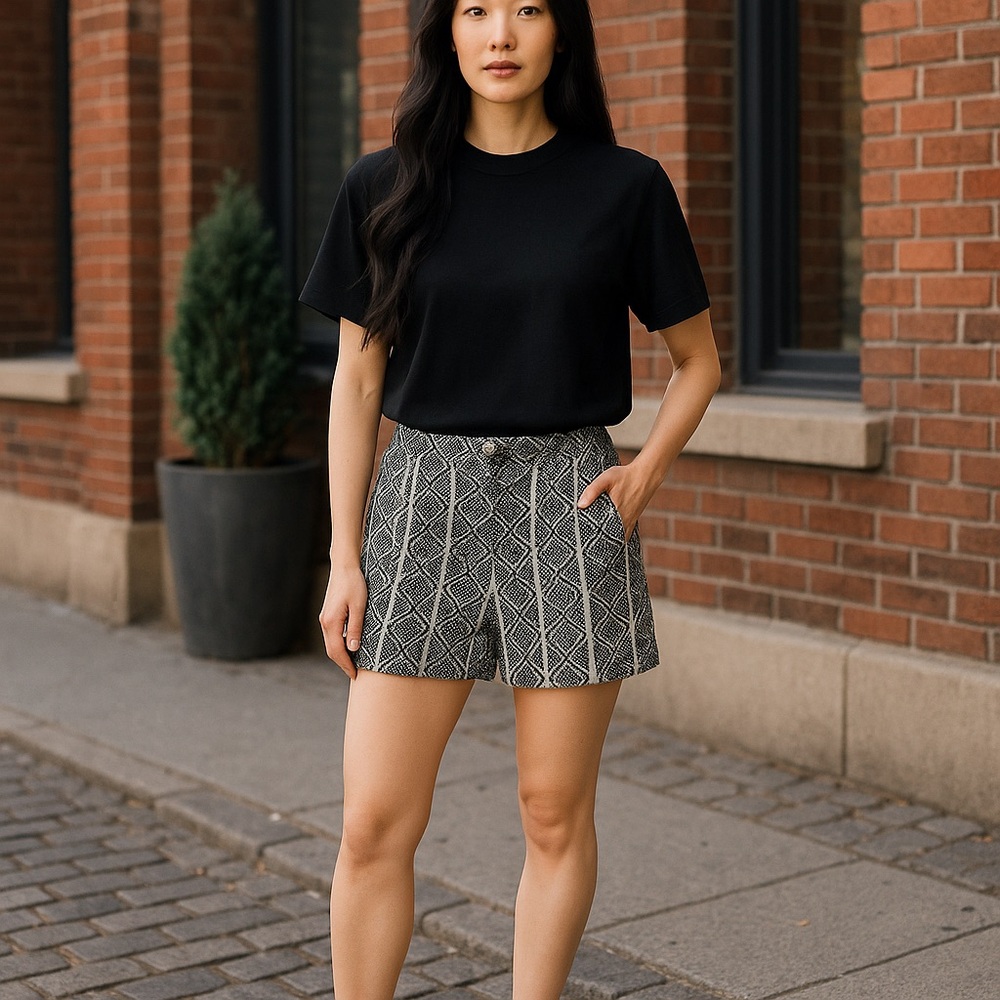 Chloe Black and Beige Cotton Blend Aztec Pint Geometric Shorts With Pockets